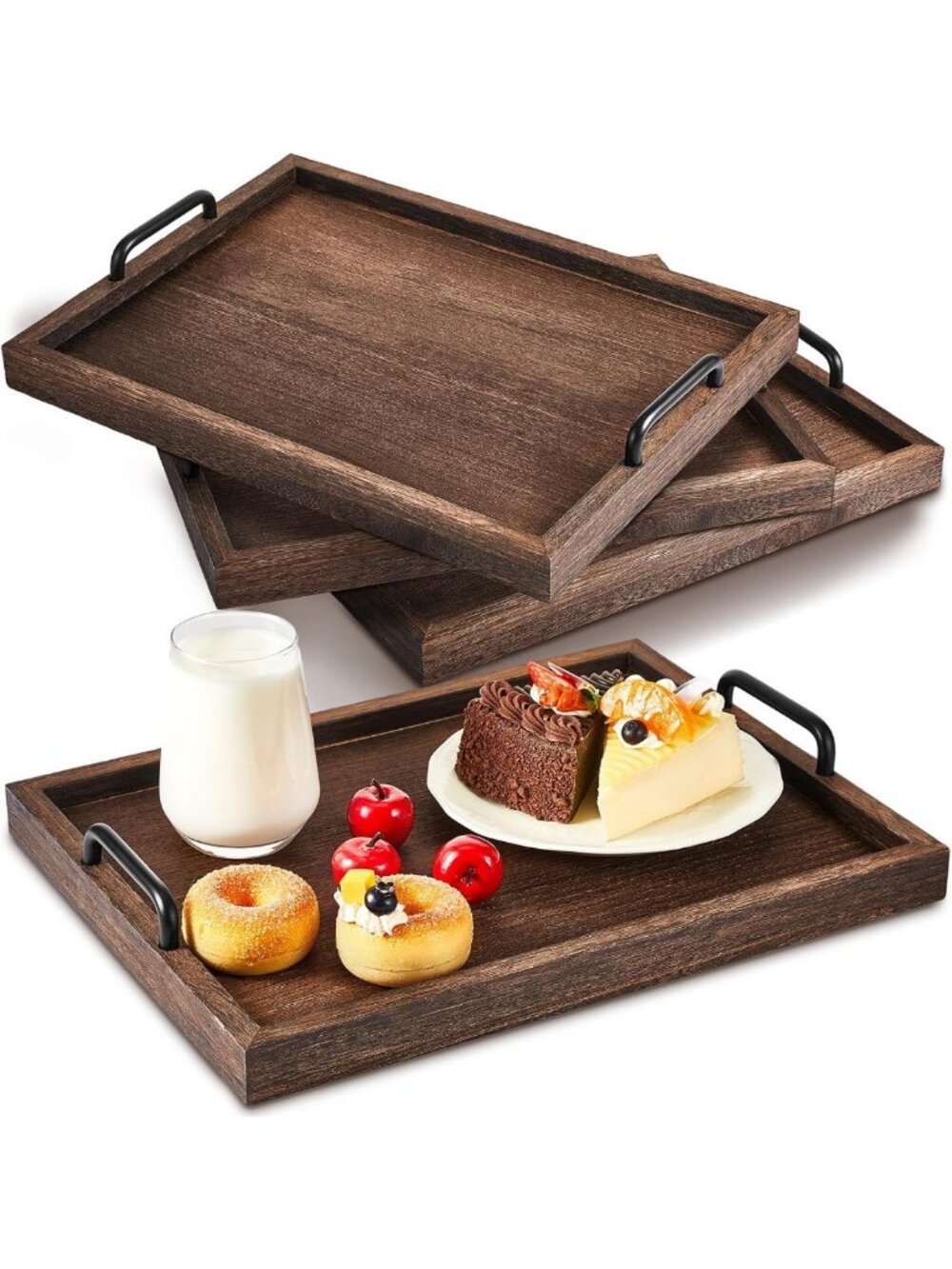 Set of 4 Rustic Wooden Serving Trays with Handles - Large Decorative Kitchen